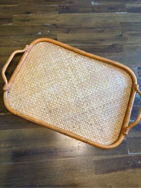 Vintage Bent Cane Wicker Serving Tray Handles Bar Vintage Rattan Bamboo Woven